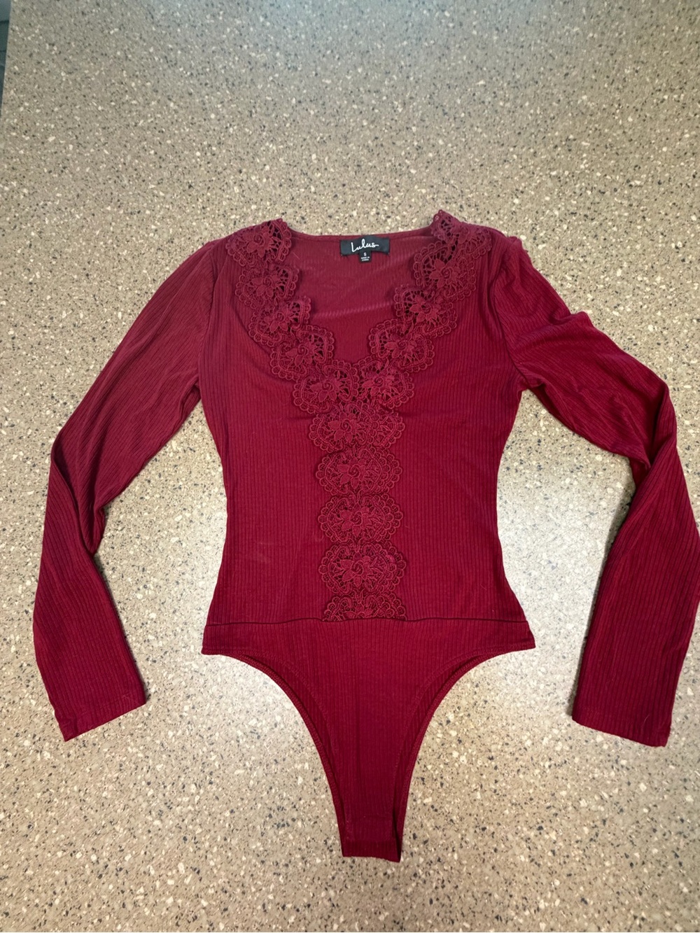 Lulu's Deep Red Lace-Trim Ribbed Long-Sleeve Bodysuit